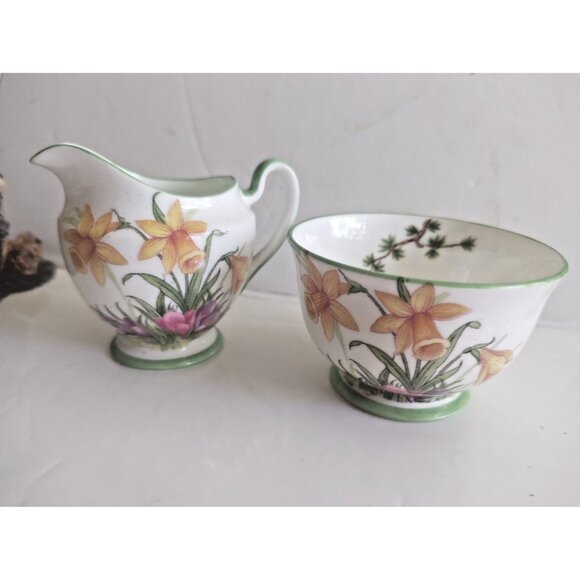 Antique Aynsley Art Deco Small Creamer & Sugar Bowl Set 1920's Janquil Daffodil - Picture 5 of 14